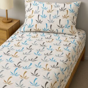 Leaf Print White – 210 TC 100% Cotton Printed Single Bedsheet with Pillow Cover