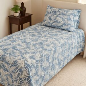 Azure Palm Whisper – 210 TC 100% Cotton Printed Single Bedsheet with Pillow Cover