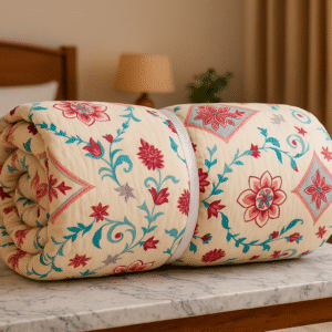 Phoolkari Print Cotton Double Bed Razais reversible filled with soft pure cotton (Rui), Size: 90 inch x 100 inches.